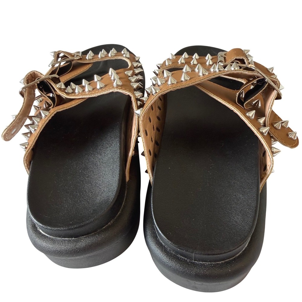 Studded Double Buckle Platform Slide Sandals Brown Silver Street Punk Sz 36 New - Picture 3 of 7